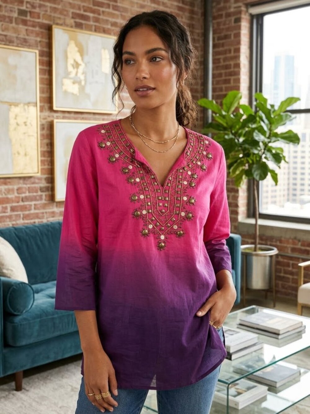 Chico's Size 1/8-10 (M) Pink Ombre Splendor Jailene Beaded 3/4 Sleeve Tunic Top